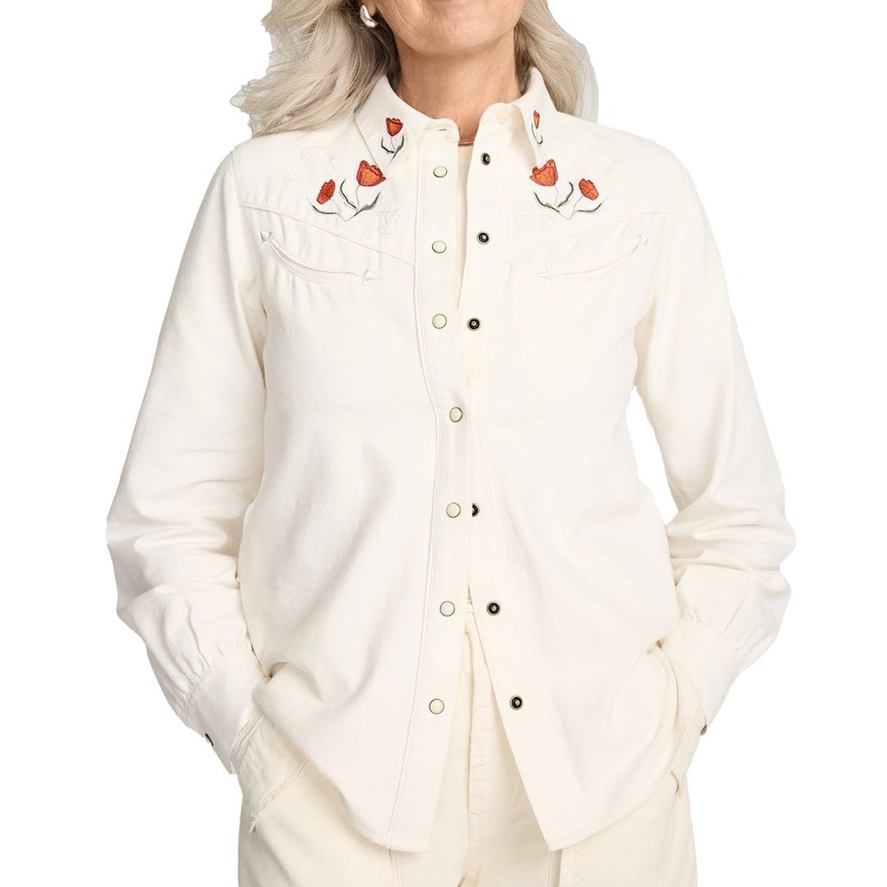Pendleton Cream Button-Down Shirt with Red Floral Embroidery